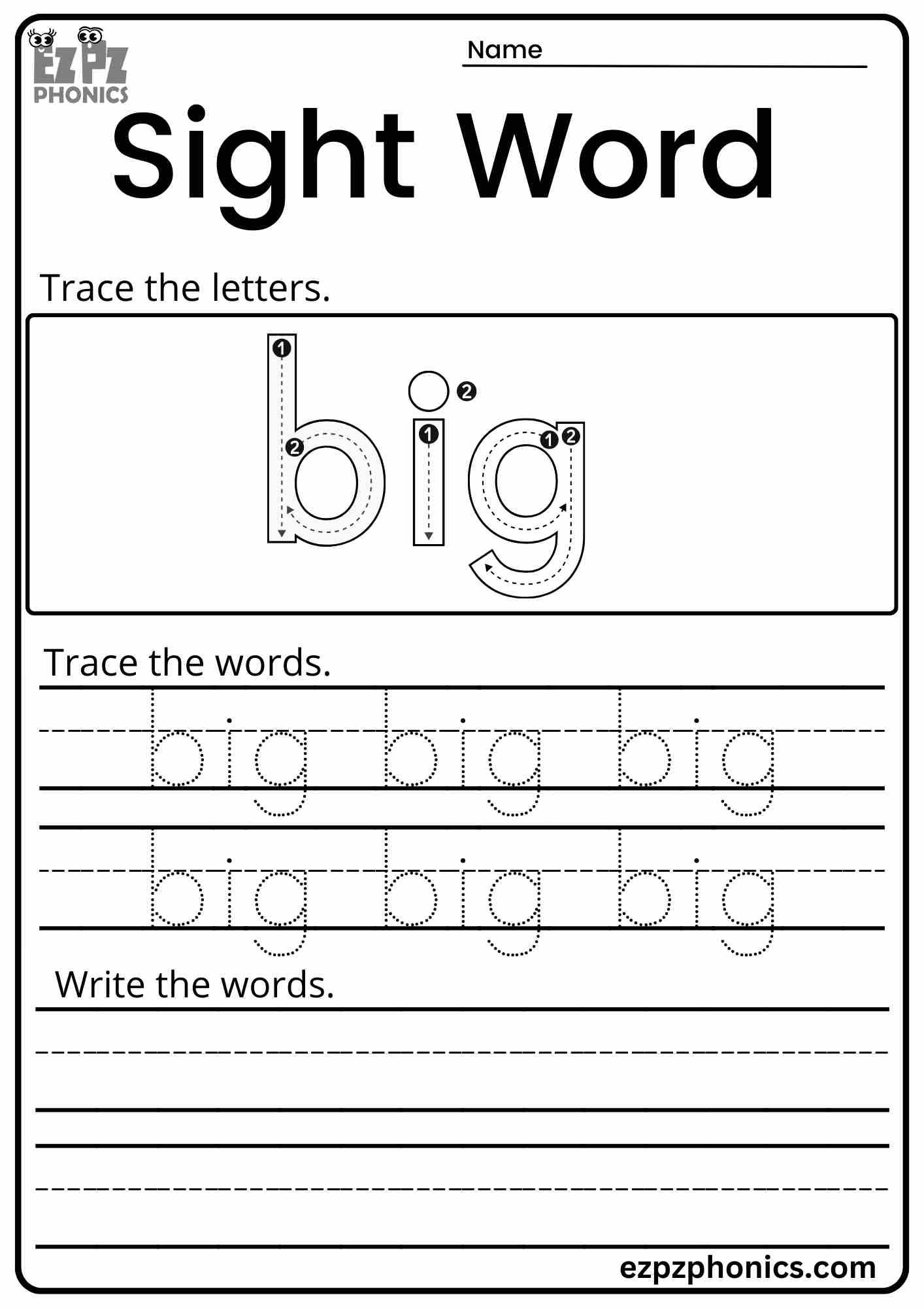 Dolch Sight Word "Big" Activity for Early Learners Free PDF Download